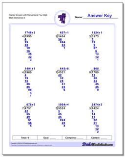 Harder Division Worksheet with Remainders Four Digit