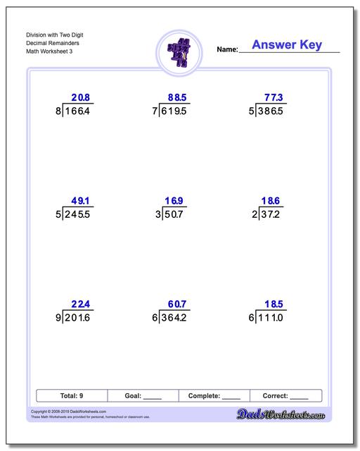 Long Division Worksheets: Division with Decimal Results