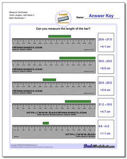 Measure Centimeter Tenth Lengths, Half Starts 2 Metric Measurement Worksheet