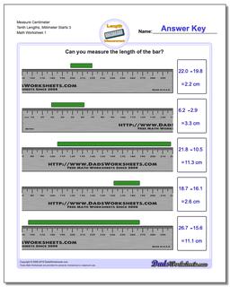 Measure Centimeter Tenth Lengths, Millimeter Starts 3 Metric Measurement Worksheet