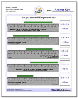 Measure Centimeter Tenth Lengths, Millimeter Starts Metric Measurement Worksheet