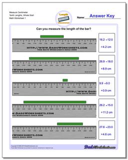 Measure Centimeter Tenth Lengths, Whole Start Metric Measurement Worksheet