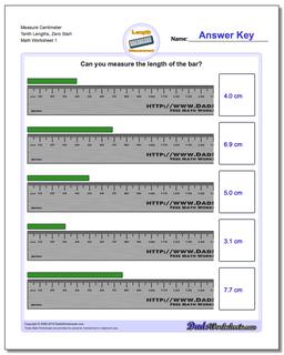 Measure Centimeter Tenth Lengths, Zero Start Metric Measurement Worksheet
