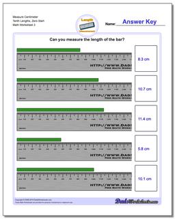 Measure Centimeter Tenth Lengths, Zero Start Worksheet