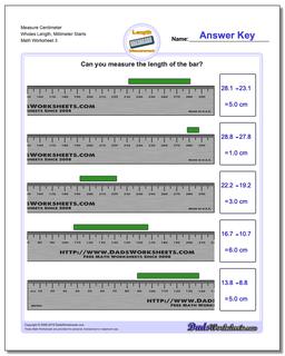Measure Centimeter Wholes Length, Millimeter Starts Worksheet
