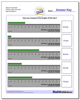 Measure Centimeter Wholes Length, Zero Start Worksheet