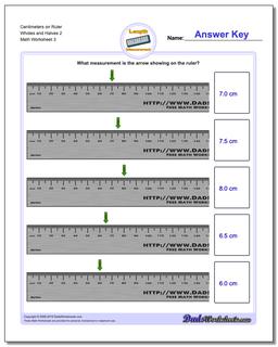 Centimeters on Ruler Wholes and Halves 2  Worksheet