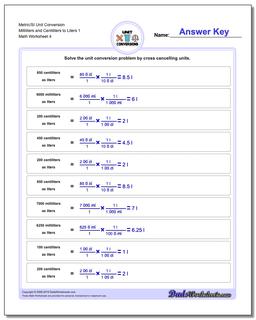 Metric/SI Unit Conversion Worksheet Milliliters and Centiliters to Liters 1