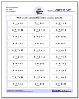 Missing Operations Add Subtract With Eights Worksheet