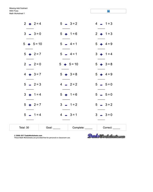 Adding and Subtracting Missing Operation Worksheets