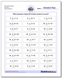 Missing Operations Add Subtract With Tens Worksheet