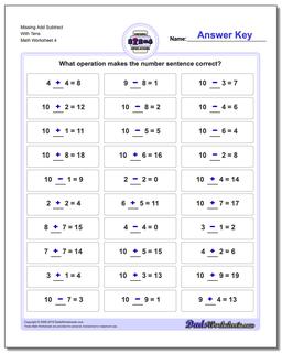 Missing Add Subtract With Tens Worksheet