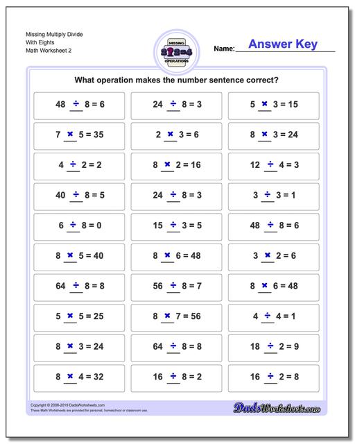 Multiplication and Division Missing Operation Worksheets