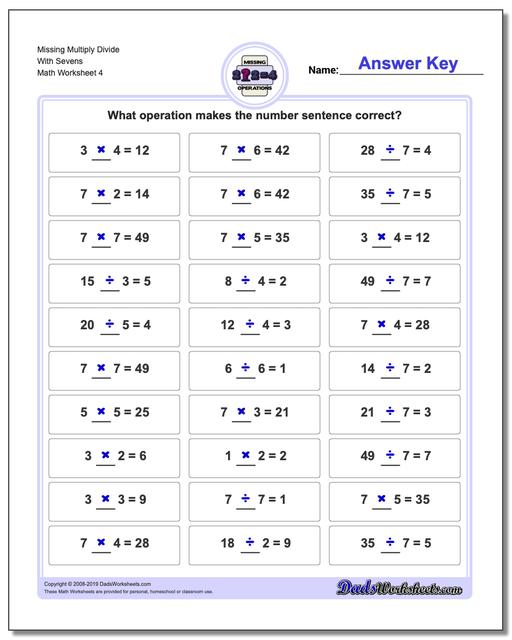 multiplication and division missing operation worksheets