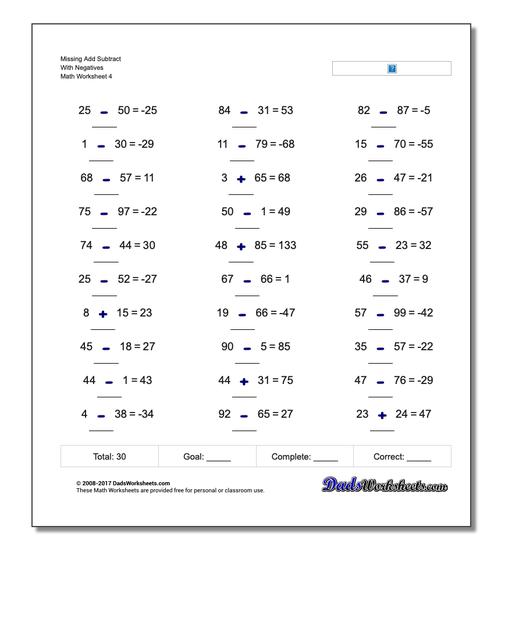 Adding and Subtracting Missing Operation Worksheets