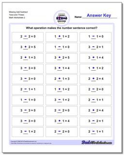 Missing Add Subtract Twos and Threes /worksheets/missing-operations.html Worksheet