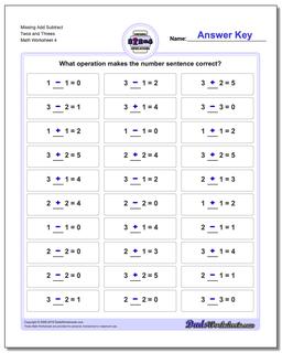 Missing Add Subtract Twos and Threes Worksheet