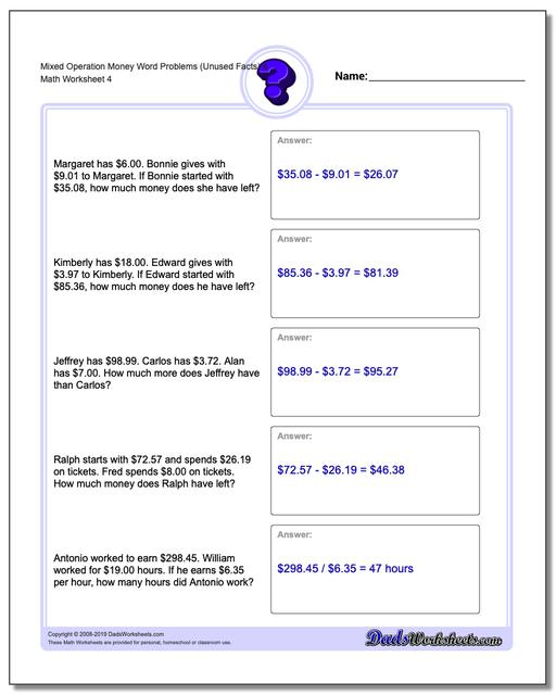 Money Word Problems: Mixed Operation Money Word Problems with Extra Facts