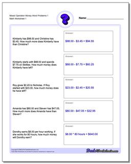 Money Word Problems Worksheet Mixed Operation