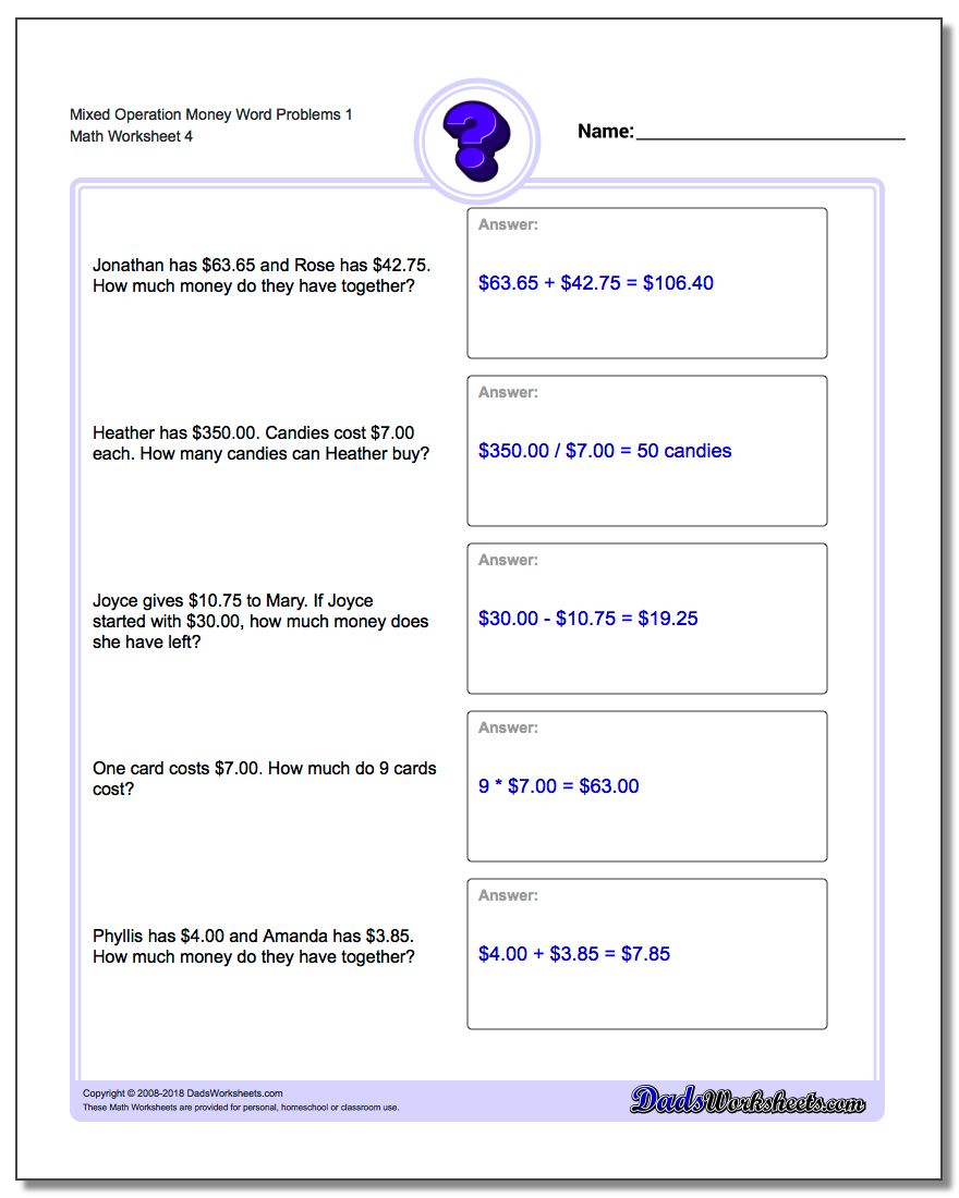 mixed operation money word problems