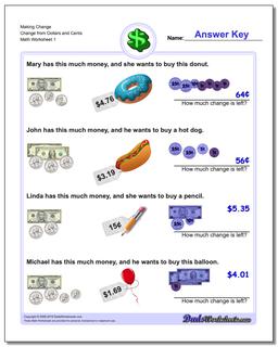 Making Change Change from Dollars and Cents Money Worksheet