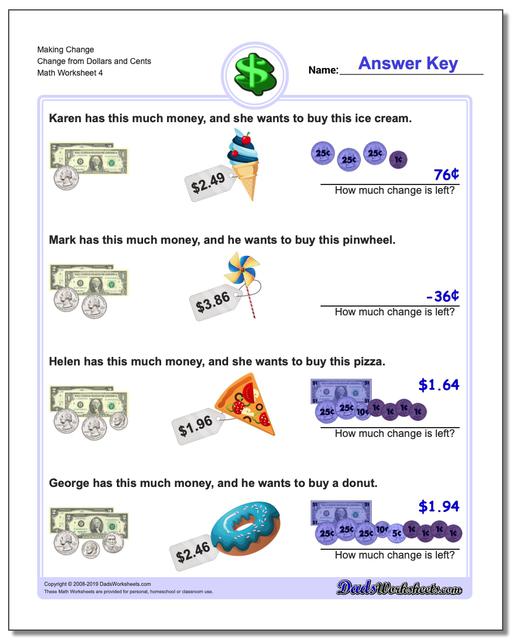 math worksheets money money making change change from dollars and
