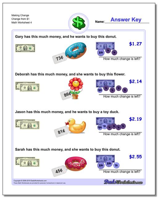 Math Worksheets: Money: Money: Making Change Change from $1 (Fourth