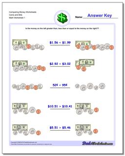 Money Comparing Worksheet Coins and Bills