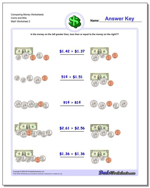 Math Worksheets: Money: Money: Comparing Money Worksheets Coins and ...