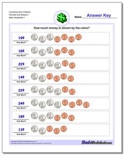 Counting Coins Ordered Pennies and Nickels 2 Money Worksheet