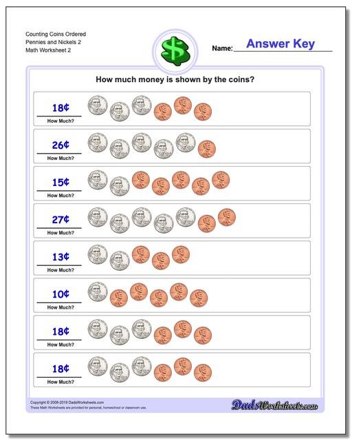 Math Worksheets: Money: Money: Counting Coins Ordered Pennies And 