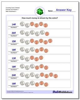 Counting Coins Ordered Pennies and Nickels 2 Worksheet