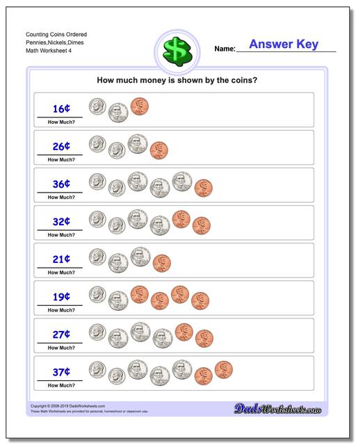 Math Worksheets: Money: Money: Counting Coins Ordered Pennies,Nickels ...