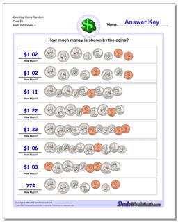 Counting Coins Random Over $1 Worksheet