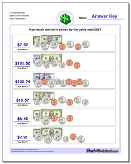 Money Counting Basic Coins and Bills Worksheet