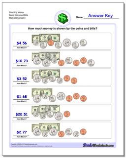 Counting Money Basic Coins and Bills Worksheet