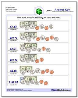 Counting Money Basic Coins and Bills Worksheet