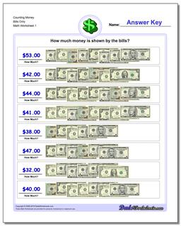 Money Counting Bills Only Worksheet