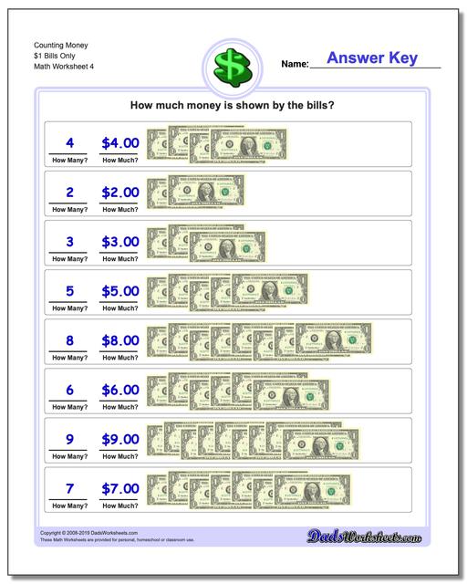 Math Worksheets: Money: Money: Counting Money $1 Bills Only (Fourth