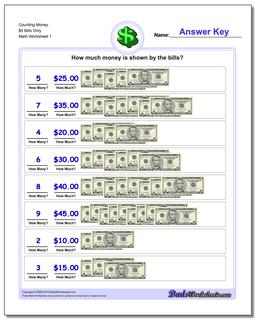 Money Counting $5 Bills Only Worksheet