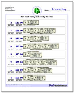 Counting Money $5 Bills Only /worksheets/money.html Worksheet