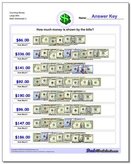 Counting Money Large Bills /worksheets/money.html Worksheet