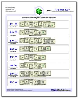 Money Counting Small Bills Only Worksheet