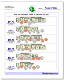 Money Counting Small Coins and Bills Worksheet