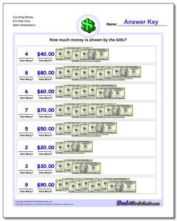 Counting Money $10 Bills Only /worksheets/money.html Worksheet