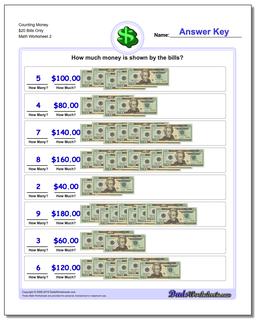 Counting Money $20 Bills Only /worksheets/money.html Worksheet