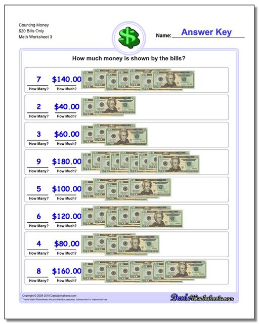 math worksheets money money counting money 20 bills only third