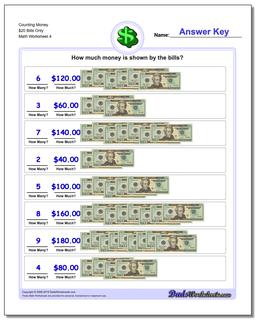 Counting Money $20 Bills Only Worksheet