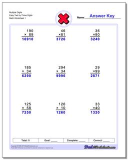 Multiple Digits Easy Two by Three Digits Multiplication Worksheet
