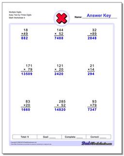 Multiple Digits Easy Two by Three Digits Worksheet